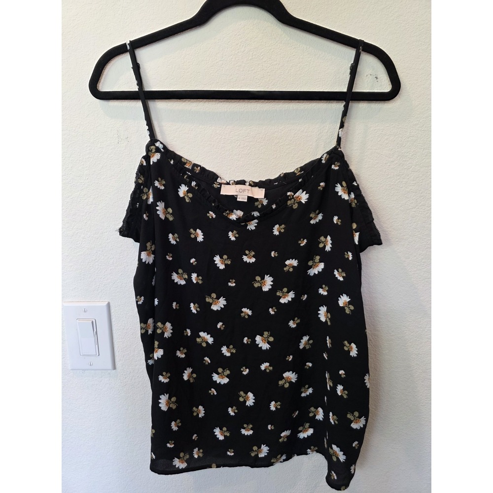 Loft Spaghetti Strap Tank Sz XL Black Daisy Print Ruffle Neckline Dark Romantic